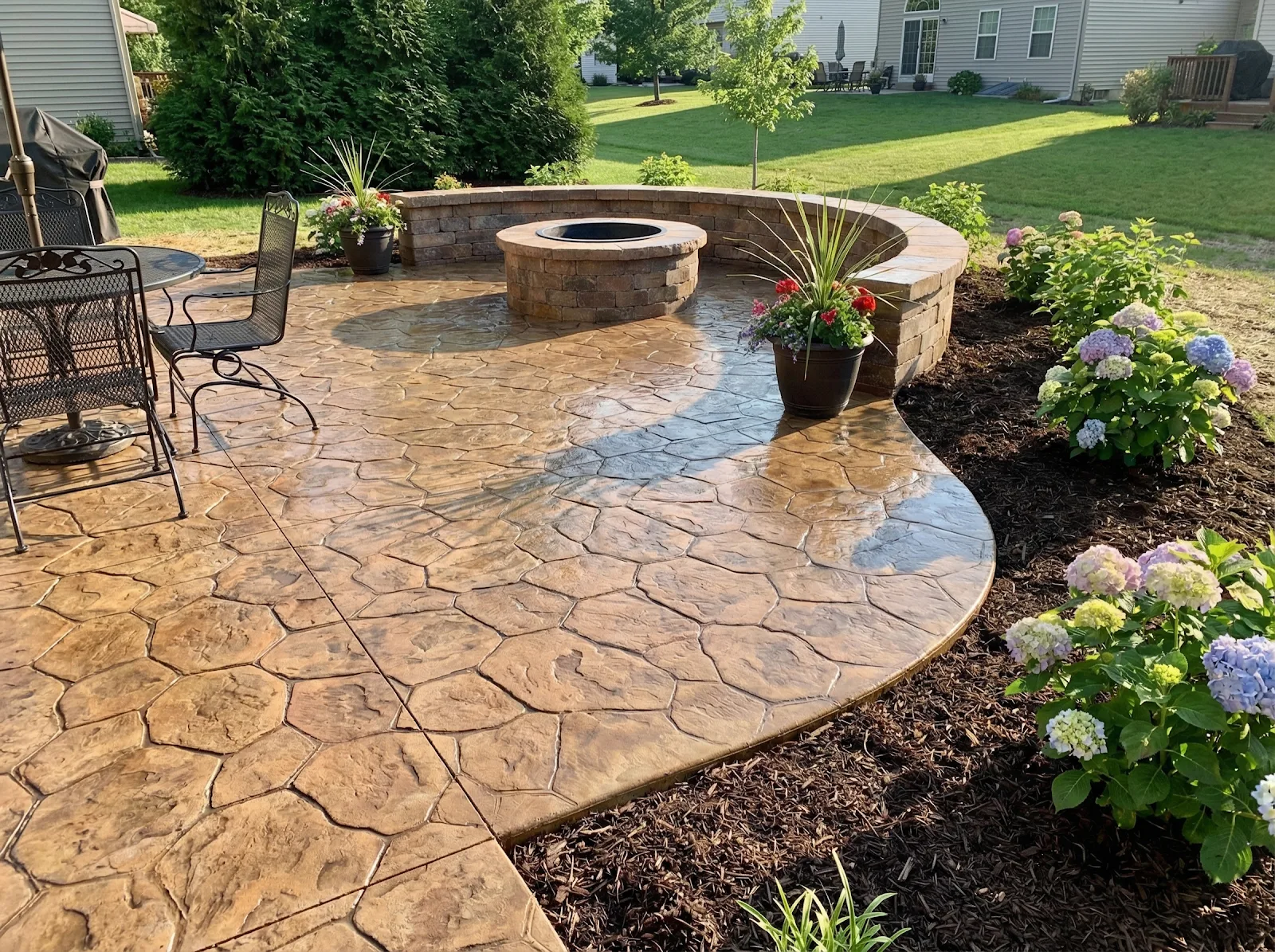 Custom stamped concrete patio with outdoor fire pit